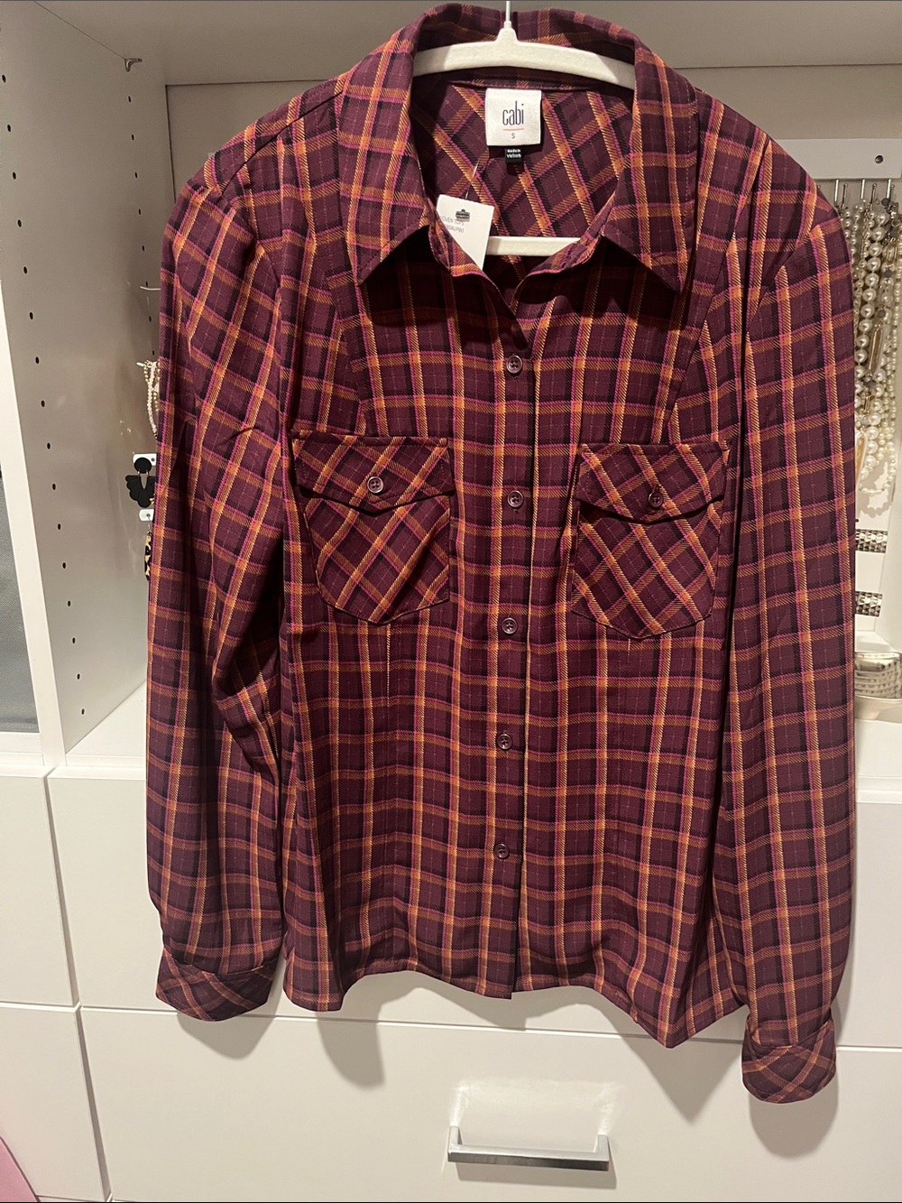CAbi Autumn Shirt- Burgundy, Pink and Mustard Plaid Button-Front Blouse